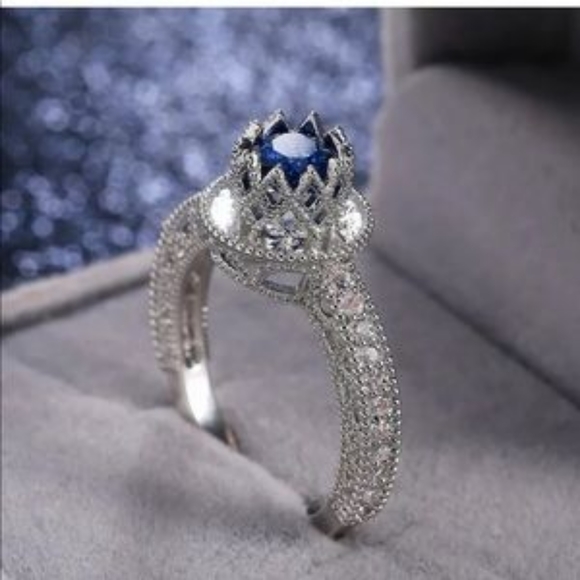 S925 Silver Blue Sapphire Diamond Ring - Picture 2 of 6